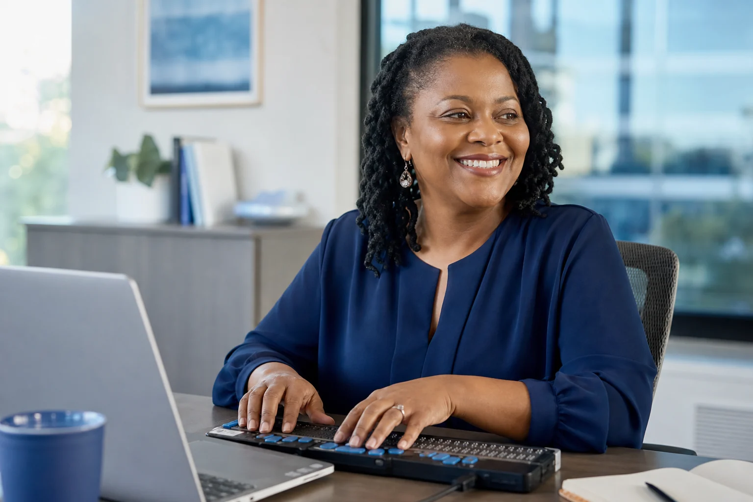 A smiling professional working at an accessible computer with a refreshable braille display